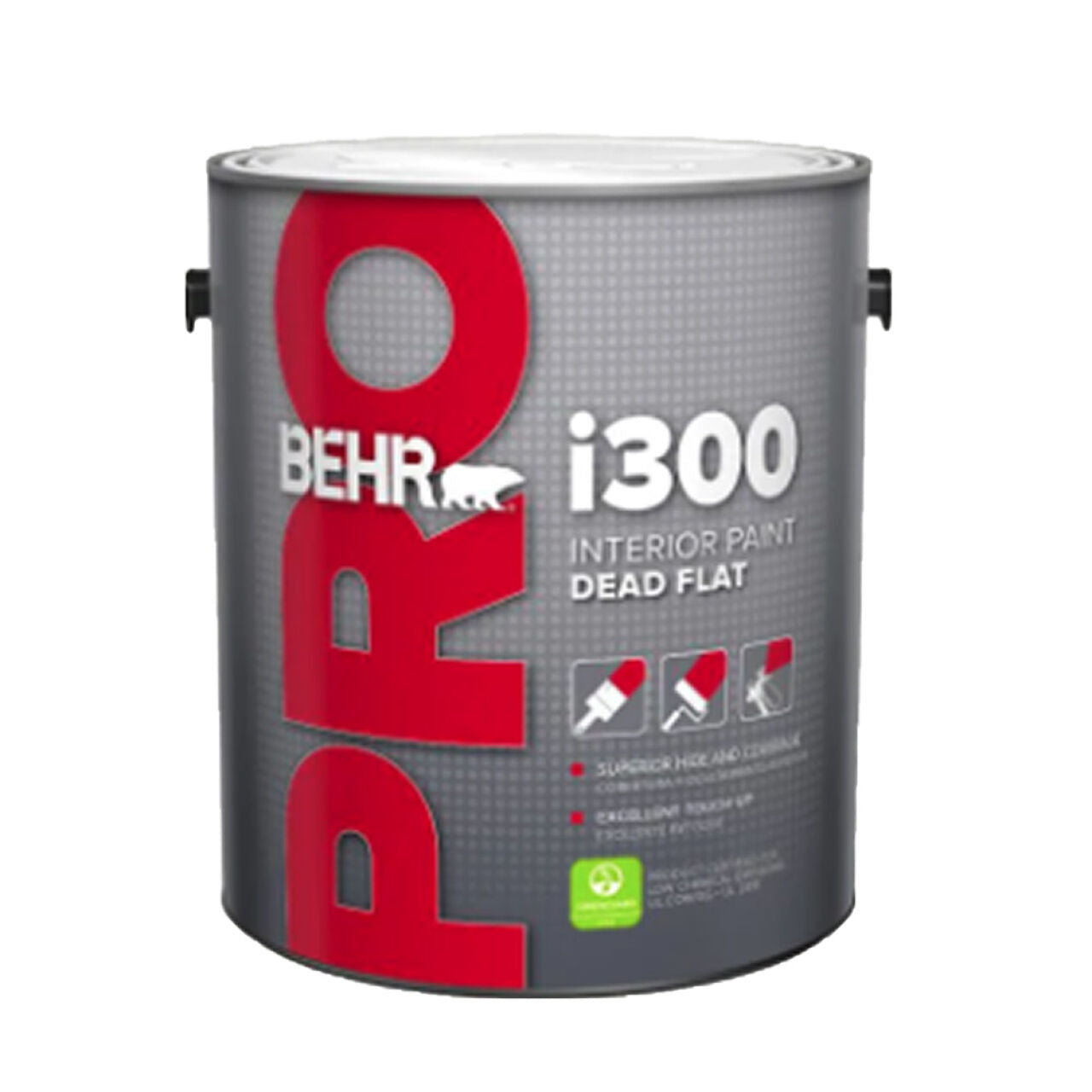 A 1-gal. can of Go Build i300 Series Interior Paint in Dead Flat White Base delivers excellent interior coverage. Features a gray/red label with paint brushes, roller icons, and the BEHR bear logo.